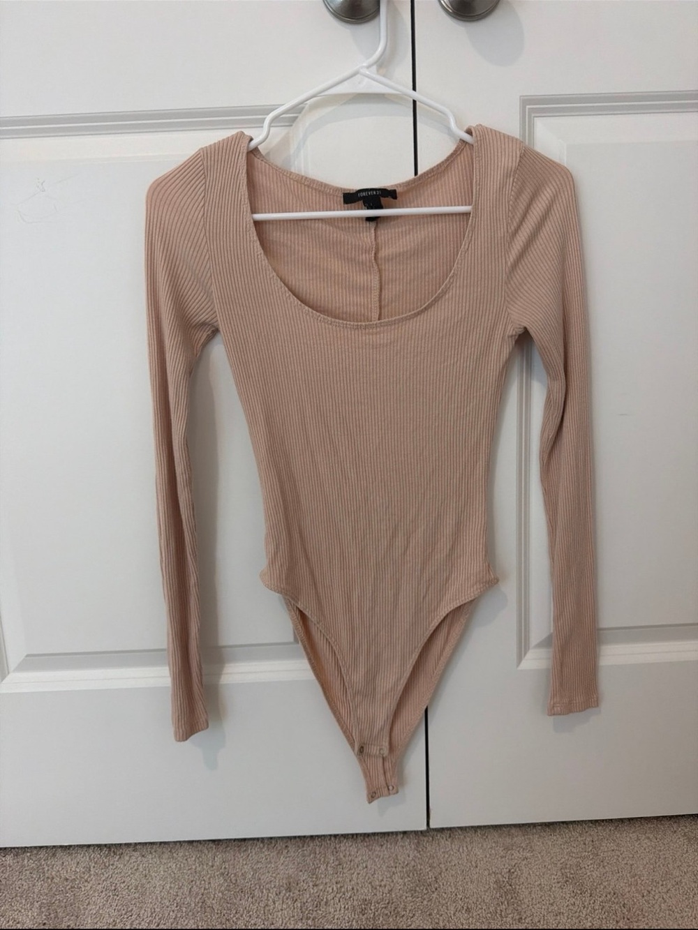 Forever 21 Ribbed Long-Sleeve Scoop Neck Bodysuit - Beige